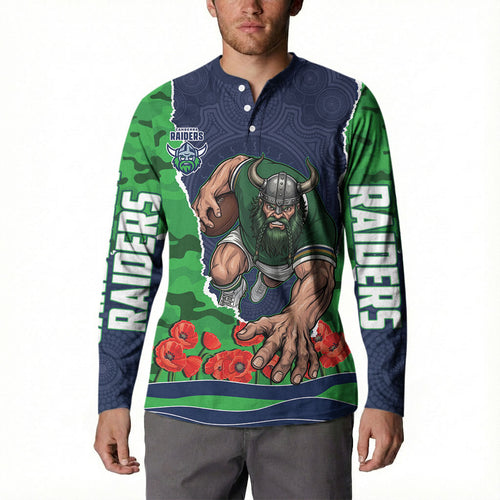 Personalized Canberra Raiders ANZAC Tribute Button Sweatshirt Poppy Field Soldier Silhouette Aboriginal Rugby Mascot