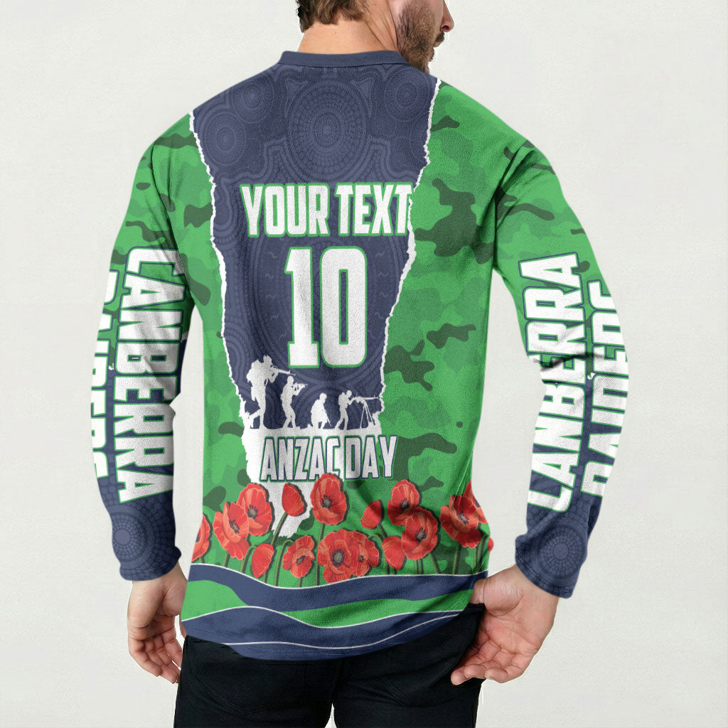 Personalized Canberra Raiders ANZAC Tribute Button Sweatshirt Poppy Field Soldier Silhouette Aboriginal Rugby Mascot