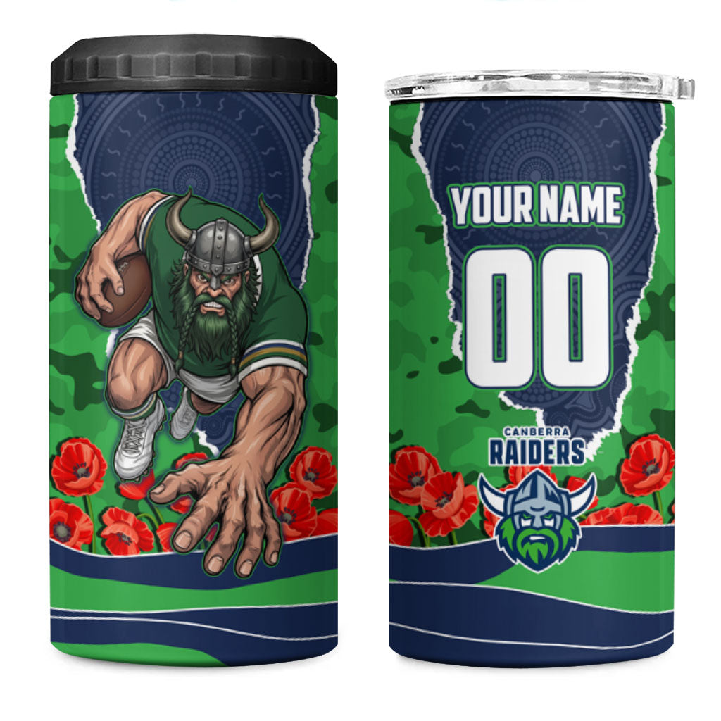 Personalized Canberra Raiders ANZAC Tribute 4 in 1 Can Cooler Tumbler Poppy Field Soldier Silhouette Aboriginal Rugby Mascot