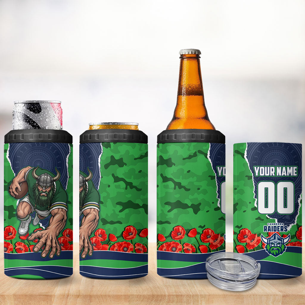 Personalized Canberra Raiders ANZAC Tribute 4 in 1 Can Cooler Tumbler Poppy Field Soldier Silhouette Aboriginal Rugby Mascot