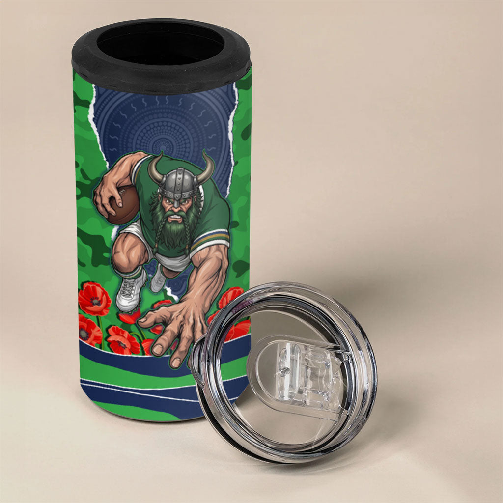 Personalized Canberra Raiders ANZAC Tribute 4 in 1 Can Cooler Tumbler Poppy Field Soldier Silhouette Aboriginal Rugby Mascot
