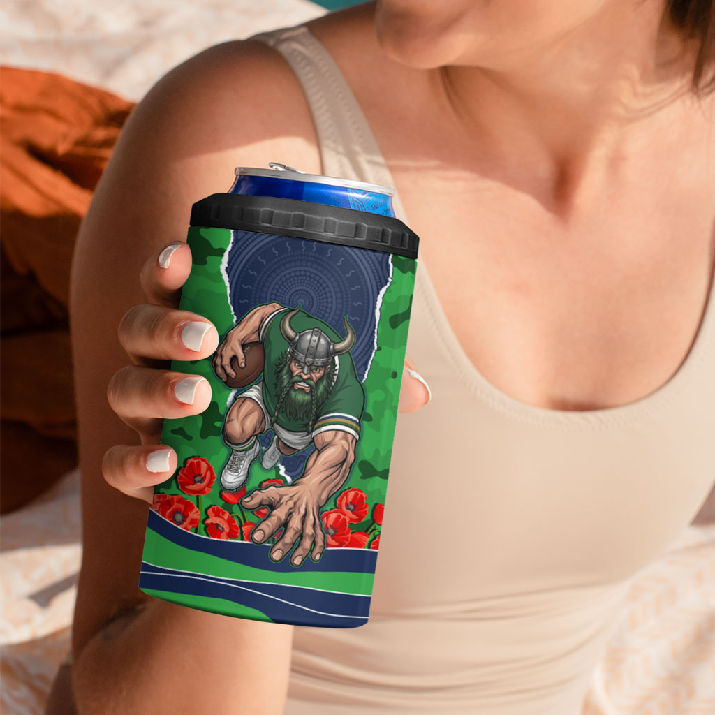 Personalized Canberra Raiders ANZAC Tribute 4 in 1 Can Cooler Tumbler Poppy Field Soldier Silhouette Aboriginal Rugby Mascot