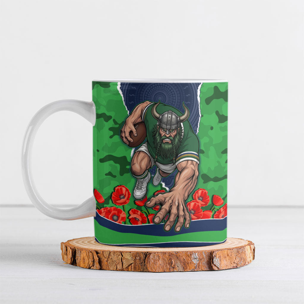 Personalized Canberra Raiders ANZAC Tribute Ceramic Mug Poppy Field Soldier Silhouette Aboriginal Rugby Mascot