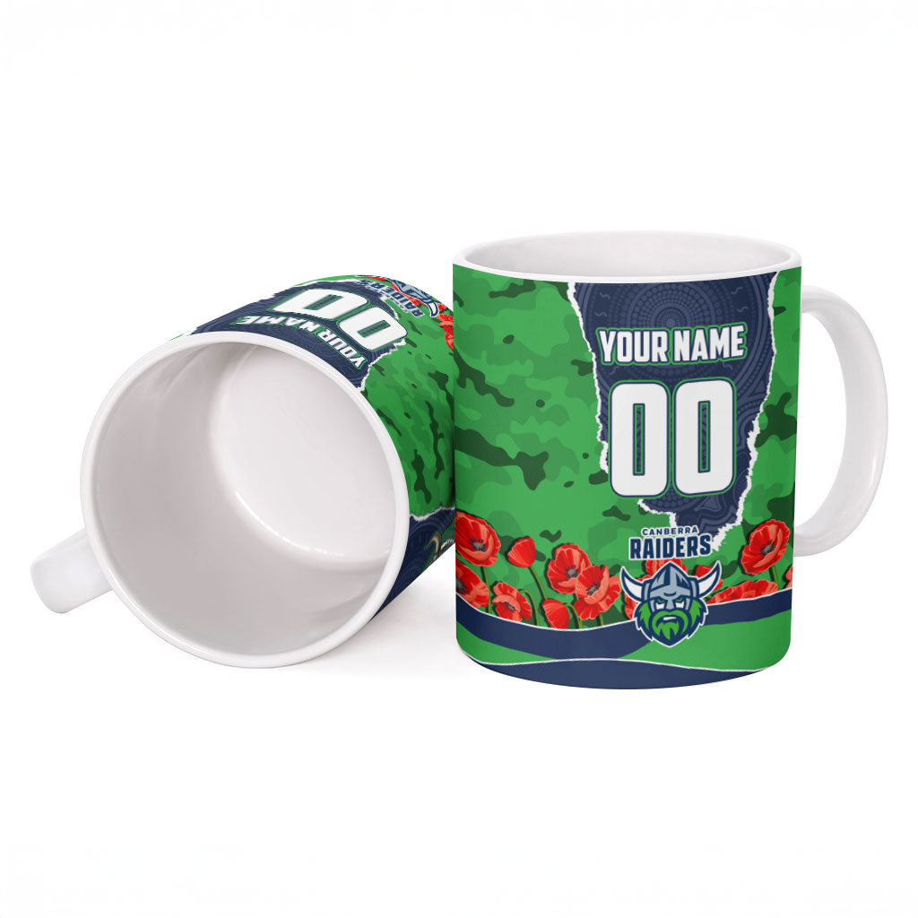 Personalized Canberra Raiders ANZAC Tribute Ceramic Mug Poppy Field Soldier Silhouette Aboriginal Rugby Mascot