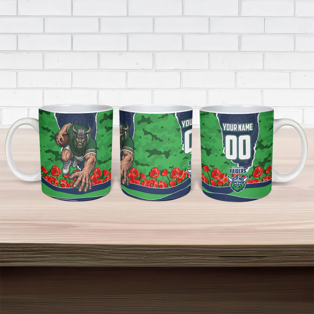 Personalized Canberra Raiders ANZAC Tribute Ceramic Mug Poppy Field Soldier Silhouette Aboriginal Rugby Mascot