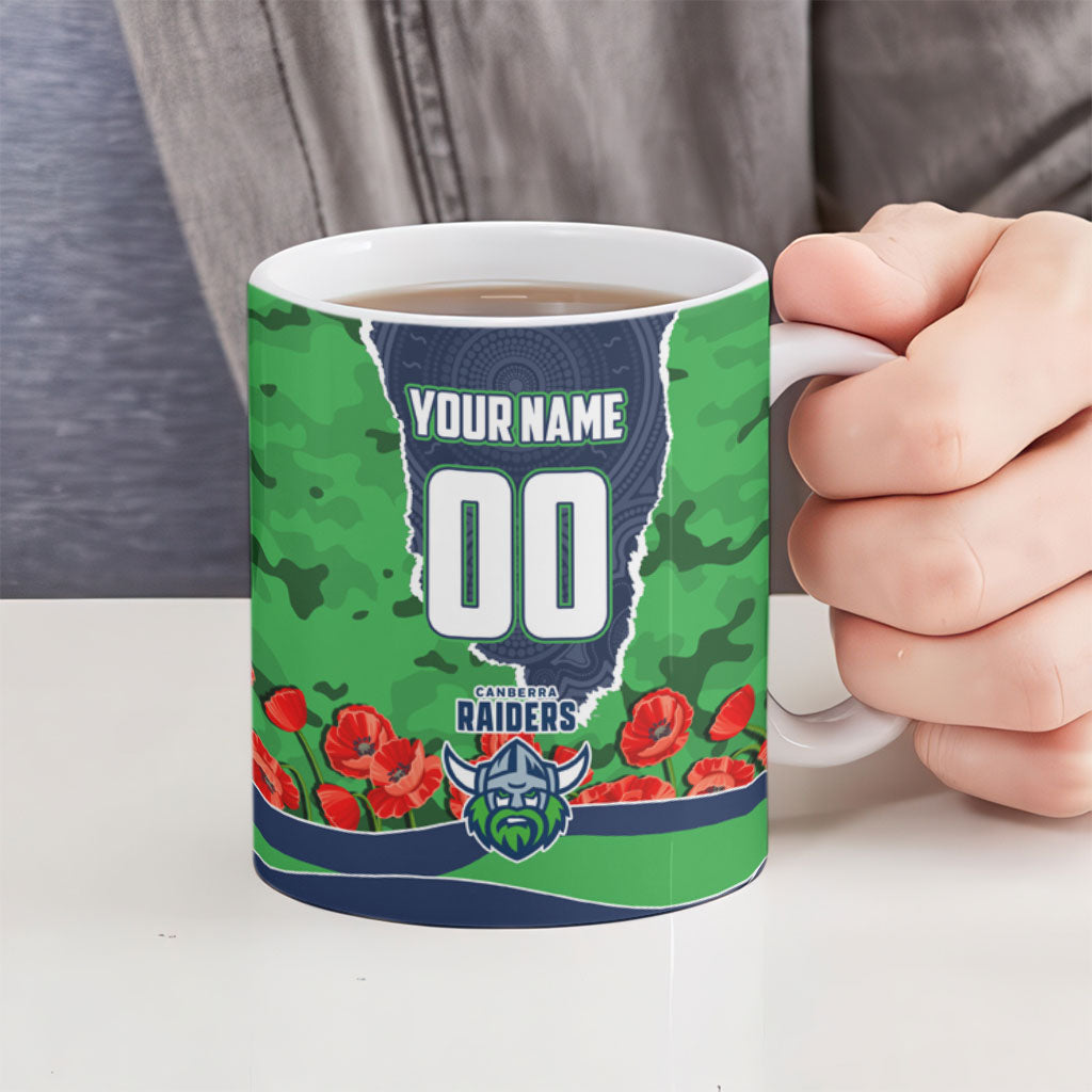 Personalized Canberra Raiders ANZAC Tribute Ceramic Mug Poppy Field Soldier Silhouette Aboriginal Rugby Mascot