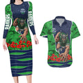 Personalized Canberra Raiders ANZAC Tribute Couples Matching Long Sleeve Bodycon Dress and Hawaiian Shirt Poppy Field Soldier Silhouette Aboriginal Rugby Mascot