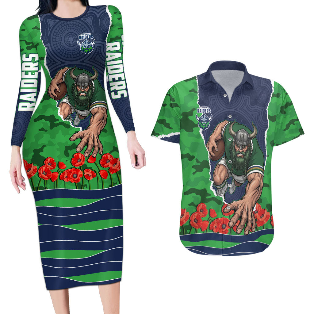 Personalized Canberra Raiders ANZAC Tribute Couples Matching Long Sleeve Bodycon Dress and Hawaiian Shirt Poppy Field Soldier Silhouette Aboriginal Rugby Mascot
