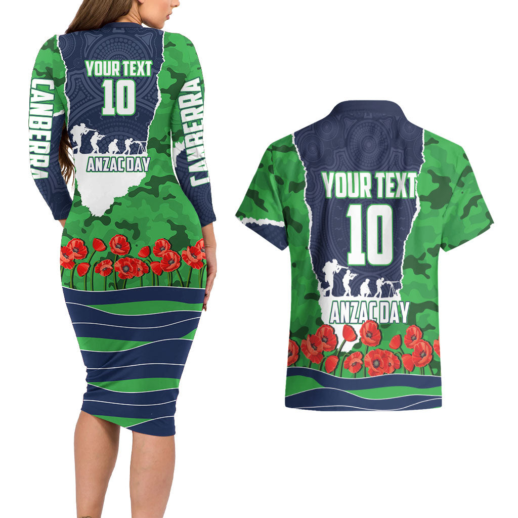 Personalized Canberra Raiders ANZAC Tribute Couples Matching Long Sleeve Bodycon Dress and Hawaiian Shirt Poppy Field Soldier Silhouette Aboriginal Rugby Mascot