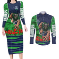 Personalized Canberra Raiders ANZAC Tribute Couples Matching Long Sleeve Bodycon Dress and Long Sleeve Button Shirt Poppy Field Soldier Silhouette Aboriginal Rugby Mascot