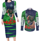 Personalized Canberra Raiders ANZAC Tribute Couples Matching Long Sleeve Bodycon Dress and Long Sleeve Button Shirt Poppy Field Soldier Silhouette Aboriginal Rugby Mascot