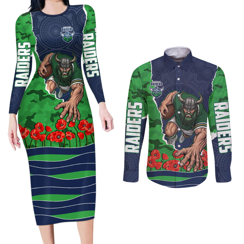 Personalized Canberra Raiders ANZAC Tribute Couples Matching Long Sleeve Bodycon Dress and Long Sleeve Button Shirt Poppy Field Soldier Silhouette Aboriginal Rugby Mascot