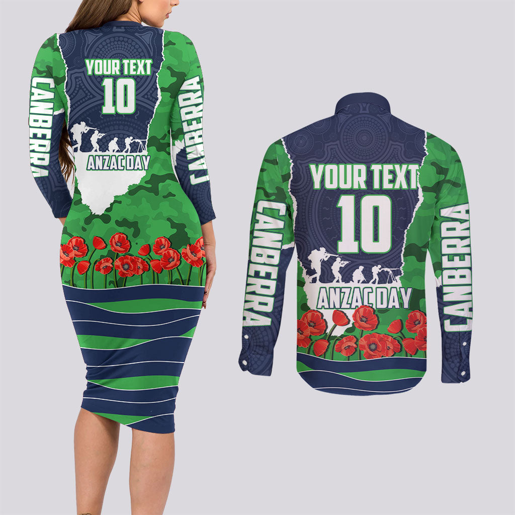 Personalized Canberra Raiders ANZAC Tribute Couples Matching Long Sleeve Bodycon Dress and Long Sleeve Button Shirt Poppy Field Soldier Silhouette Aboriginal Rugby Mascot
