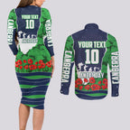 Personalized Canberra Raiders ANZAC Tribute Couples Matching Long Sleeve Bodycon Dress and Long Sleeve Button Shirt Poppy Field Soldier Silhouette Aboriginal Rugby Mascot