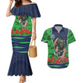 Personalized Canberra Raiders ANZAC Tribute Couples Matching Mermaid Dress and Hawaiian Shirt Poppy Field Soldier Silhouette Aboriginal Rugby Mascot
