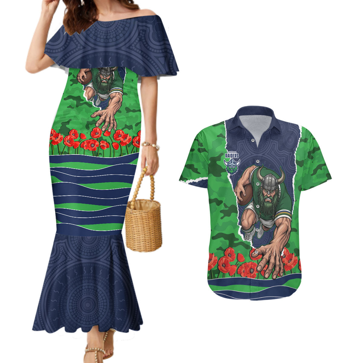 Personalized Canberra Raiders ANZAC Tribute Couples Matching Mermaid Dress and Hawaiian Shirt Poppy Field Soldier Silhouette Aboriginal Rugby Mascot