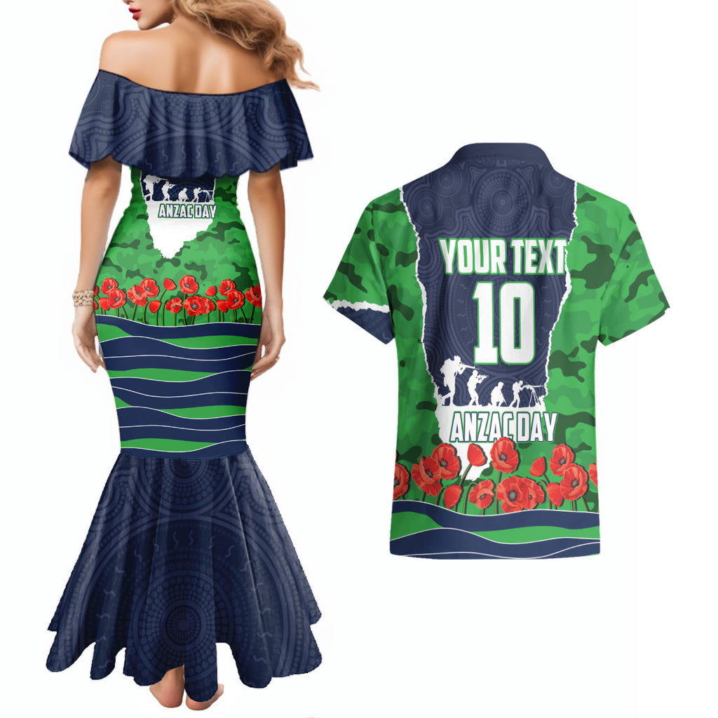 Personalized Canberra Raiders ANZAC Tribute Couples Matching Mermaid Dress and Hawaiian Shirt Poppy Field Soldier Silhouette Aboriginal Rugby Mascot