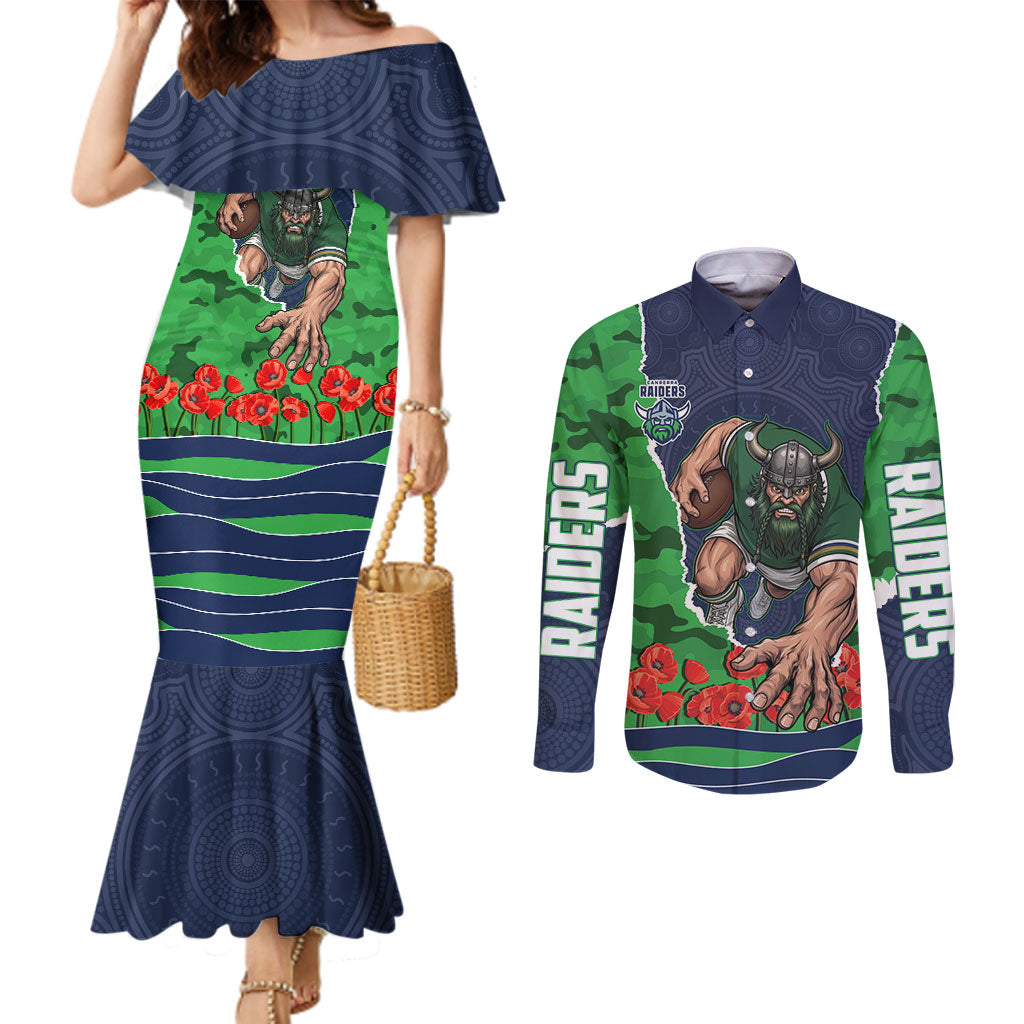 Personalized Canberra Raiders ANZAC Tribute Couples Matching Mermaid Dress and Long Sleeve Button Shirt Poppy Field Soldier Silhouette Aboriginal Rugby Mascot