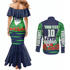 Personalized Canberra Raiders ANZAC Tribute Couples Matching Mermaid Dress and Long Sleeve Button Shirt Poppy Field Soldier Silhouette Aboriginal Rugby Mascot