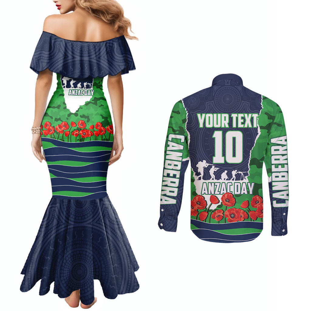 Personalized Canberra Raiders ANZAC Tribute Couples Matching Mermaid Dress and Long Sleeve Button Shirt Poppy Field Soldier Silhouette Aboriginal Rugby Mascot