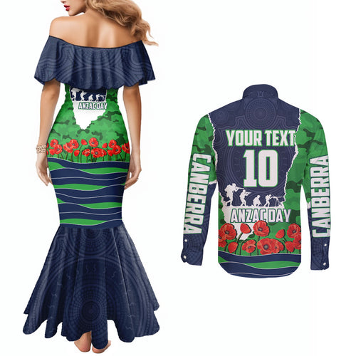 Personalized Canberra Raiders ANZAC Tribute Couples Matching Mermaid Dress and Long Sleeve Button Shirt Poppy Field Soldier Silhouette Aboriginal Rugby Mascot