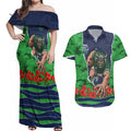 Personalized Canberra Raiders ANZAC Tribute Couples Matching Off Shoulder Maxi Dress and Hawaiian Shirt Poppy Field Soldier Silhouette Aboriginal Rugby Mascot