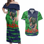 Personalized Canberra Raiders ANZAC Tribute Couples Matching Off Shoulder Maxi Dress and Hawaiian Shirt Poppy Field Soldier Silhouette Aboriginal Rugby Mascot