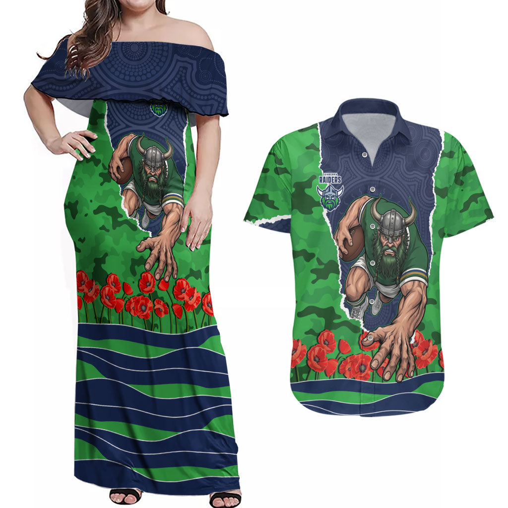 Personalized Canberra Raiders ANZAC Tribute Couples Matching Off Shoulder Maxi Dress and Hawaiian Shirt Poppy Field Soldier Silhouette Aboriginal Rugby Mascot