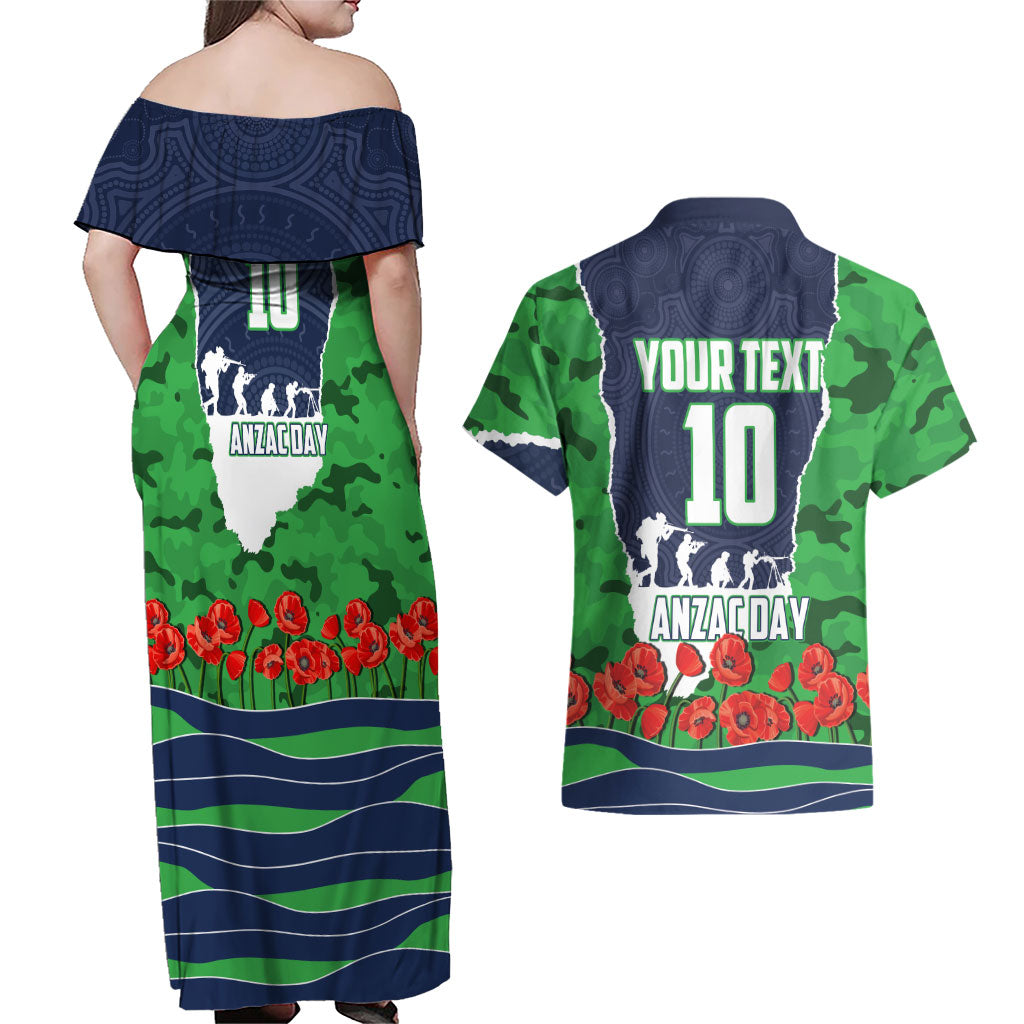 Personalized Canberra Raiders ANZAC Tribute Couples Matching Off Shoulder Maxi Dress and Hawaiian Shirt Poppy Field Soldier Silhouette Aboriginal Rugby Mascot
