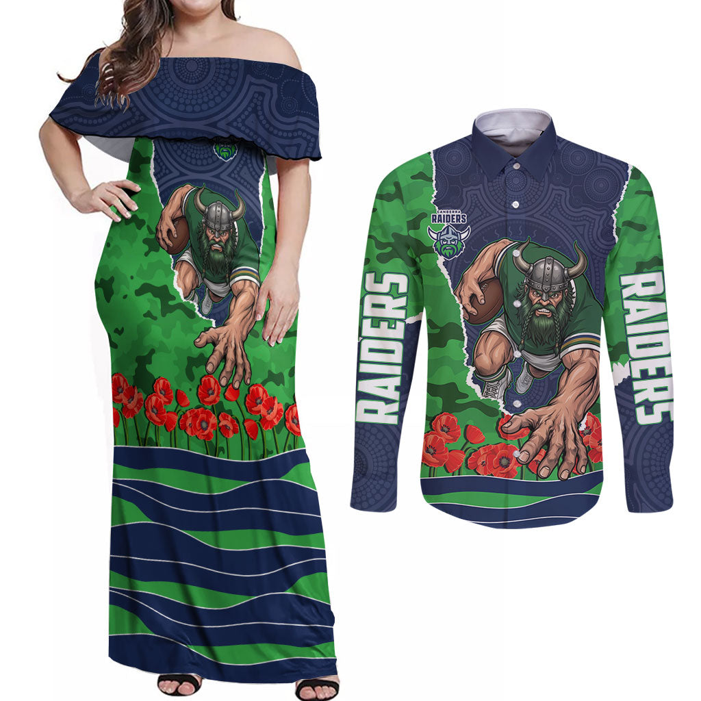 Personalized Canberra Raiders ANZAC Tribute Couples Matching Off Shoulder Maxi Dress and Long Sleeve Button Shirt Poppy Field Soldier Silhouette Aboriginal Rugby Mascot