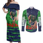 Personalized Canberra Raiders ANZAC Tribute Couples Matching Off Shoulder Maxi Dress and Long Sleeve Button Shirt Poppy Field Soldier Silhouette Aboriginal Rugby Mascot