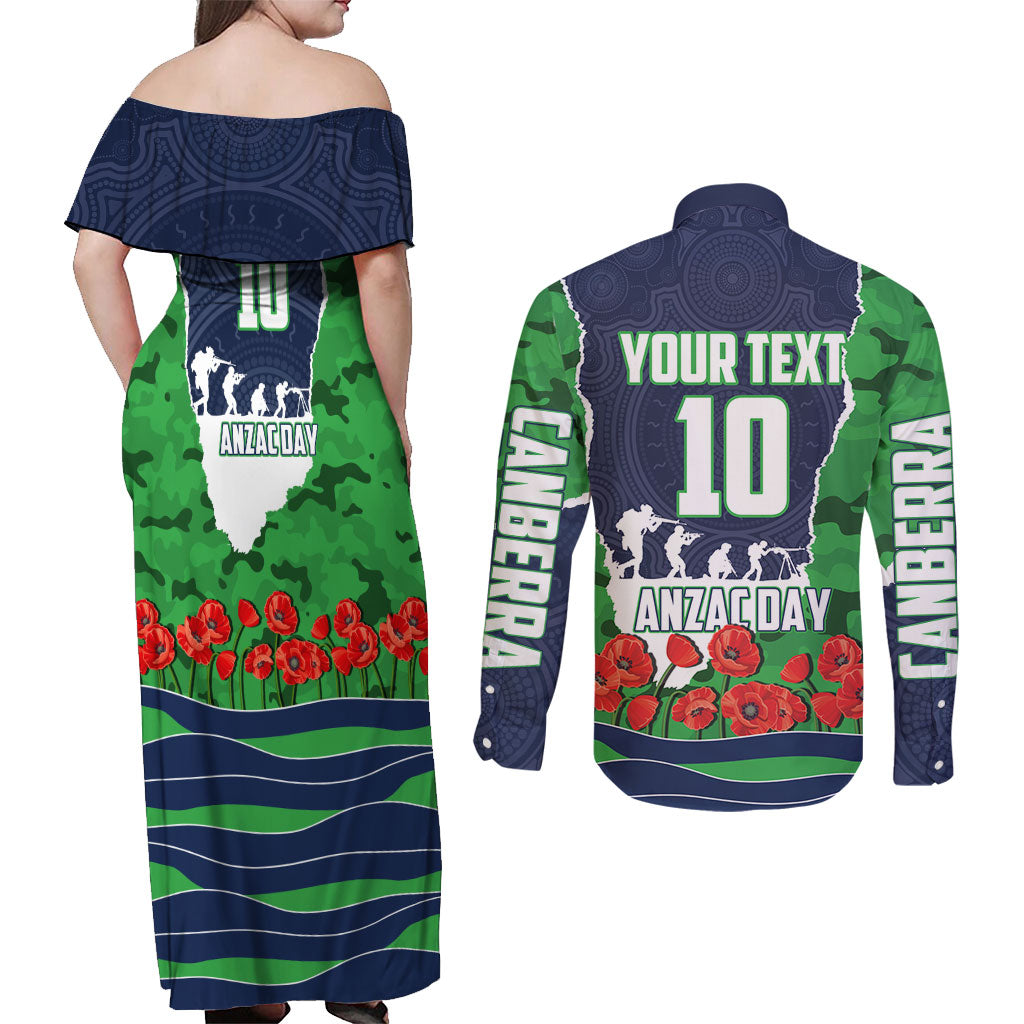 Personalized Canberra Raiders ANZAC Tribute Couples Matching Off Shoulder Maxi Dress and Long Sleeve Button Shirt Poppy Field Soldier Silhouette Aboriginal Rugby Mascot