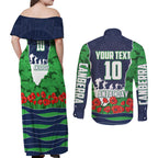 Personalized Canberra Raiders ANZAC Tribute Couples Matching Off Shoulder Maxi Dress and Long Sleeve Button Shirt Poppy Field Soldier Silhouette Aboriginal Rugby Mascot