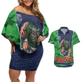 Personalized Canberra Raiders ANZAC Tribute Couples Matching Off Shoulder Short Dress and Hawaiian Shirt Poppy Field Soldier Silhouette Aboriginal Rugby Mascot