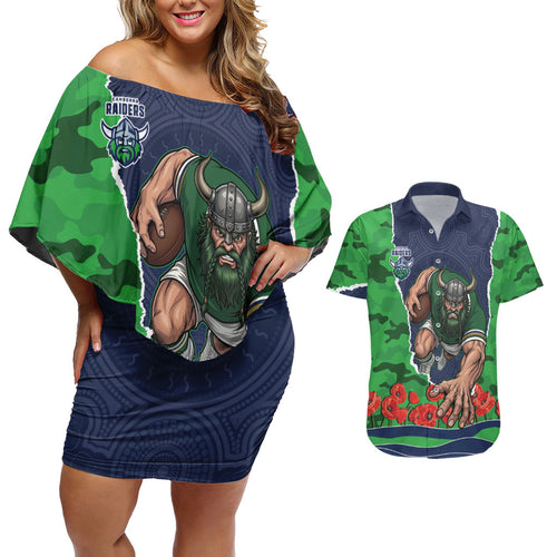 Personalized Canberra Raiders ANZAC Tribute Couples Matching Off Shoulder Short Dress and Hawaiian Shirt Poppy Field Soldier Silhouette Aboriginal Rugby Mascot