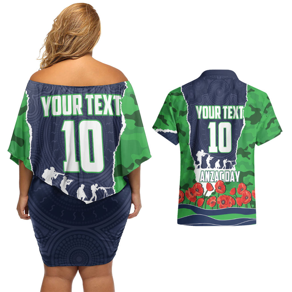 Personalized Canberra Raiders ANZAC Tribute Couples Matching Off Shoulder Short Dress and Hawaiian Shirt Poppy Field Soldier Silhouette Aboriginal Rugby Mascot