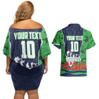Personalized Canberra Raiders ANZAC Tribute Couples Matching Off Shoulder Short Dress and Hawaiian Shirt Poppy Field Soldier Silhouette Aboriginal Rugby Mascot