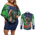 Personalized Canberra Raiders ANZAC Tribute Couples Matching Off Shoulder Short Dress and Long Sleeve Button Shirt Poppy Field Soldier Silhouette Aboriginal Rugby Mascot