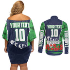 Personalized Canberra Raiders ANZAC Tribute Couples Matching Off Shoulder Short Dress and Long Sleeve Button Shirt Poppy Field Soldier Silhouette Aboriginal Rugby Mascot