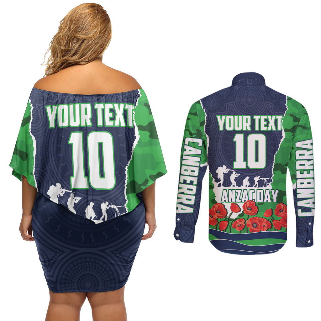 Personalized Canberra Raiders ANZAC Tribute Couples Matching Off Shoulder Short Dress and Long Sleeve Button Shirt Poppy Field Soldier Silhouette Aboriginal Rugby Mascot