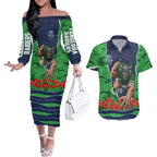 Personalized Canberra Raiders ANZAC Tribute Couples Matching Off The Shoulder Long Sleeve Dress and Hawaiian Shirt Poppy Field Soldier Silhouette Aboriginal Rugby Mascot