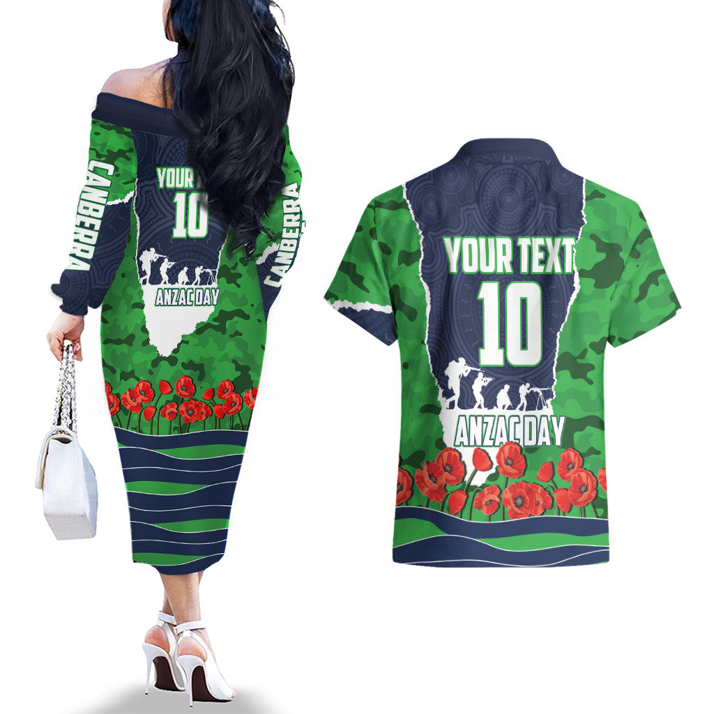 Personalized Canberra Raiders ANZAC Tribute Couples Matching Off The Shoulder Long Sleeve Dress and Hawaiian Shirt Poppy Field Soldier Silhouette Aboriginal Rugby Mascot