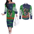 Personalized Canberra Raiders ANZAC Tribute Couples Matching Off The Shoulder Long Sleeve Dress and Long Sleeve Button Shirt Poppy Field Soldier Silhouette Aboriginal Rugby Mascot