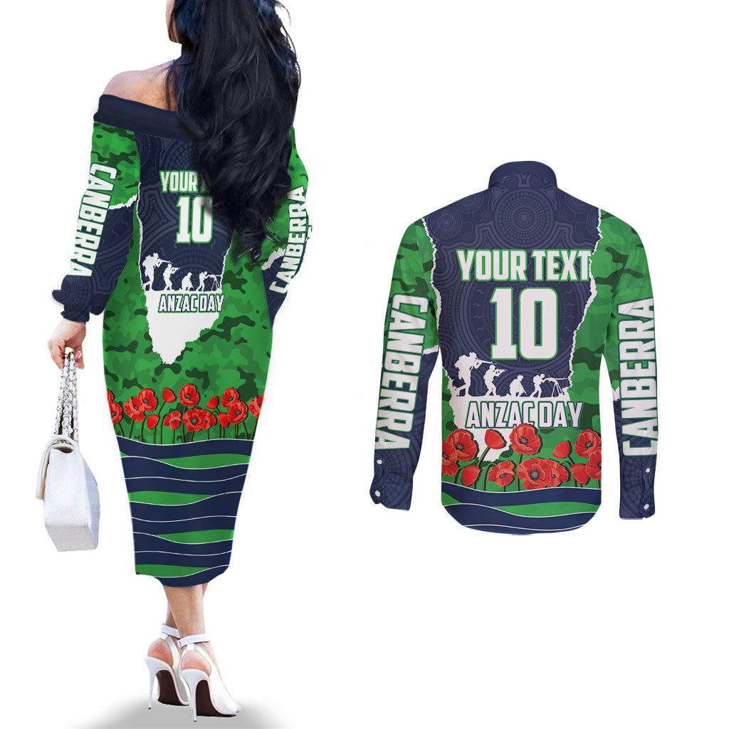 Personalized Canberra Raiders ANZAC Tribute Couples Matching Off The Shoulder Long Sleeve Dress and Long Sleeve Button Shirt Poppy Field Soldier Silhouette Aboriginal Rugby Mascot