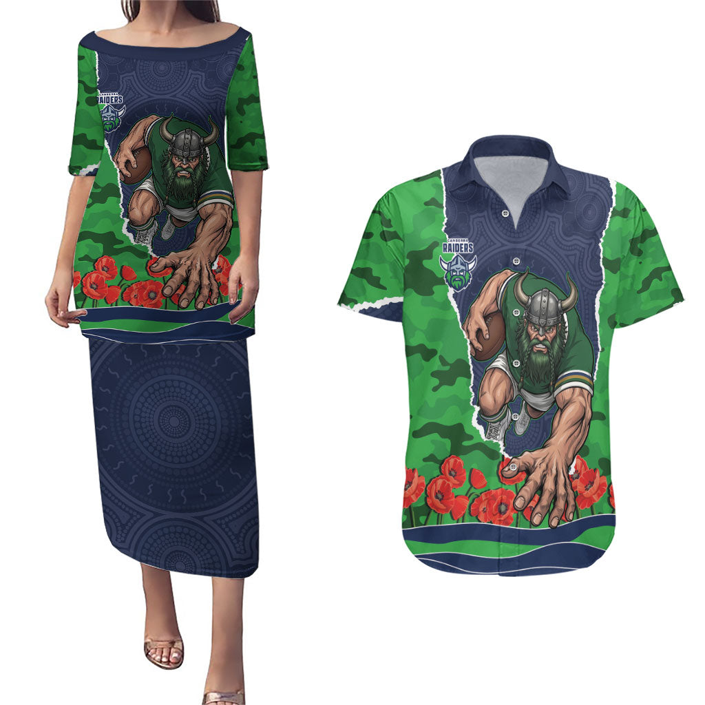 Personalized Canberra Raiders ANZAC Tribute Couples Matching Puletasi and Hawaiian Shirt Poppy Field Soldier Silhouette Aboriginal Rugby Mascot