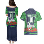 Personalized Canberra Raiders ANZAC Tribute Couples Matching Puletasi and Hawaiian Shirt Poppy Field Soldier Silhouette Aboriginal Rugby Mascot