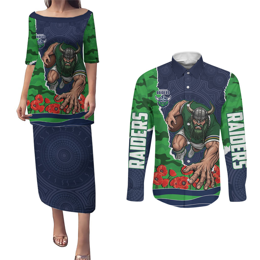 Personalized Canberra Raiders ANZAC Tribute Couples Matching Puletasi and Long Sleeve Button Shirt Poppy Field Soldier Silhouette Aboriginal Rugby Mascot
