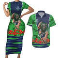 Personalized Canberra Raiders ANZAC Tribute Couples Matching Short Sleeve Bodycon Dress and Hawaiian Shirt Poppy Field Soldier Silhouette Aboriginal Rugby Mascot