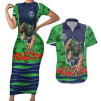 Personalized Canberra Raiders ANZAC Tribute Couples Matching Short Sleeve Bodycon Dress and Hawaiian Shirt Poppy Field Soldier Silhouette Aboriginal Rugby Mascot