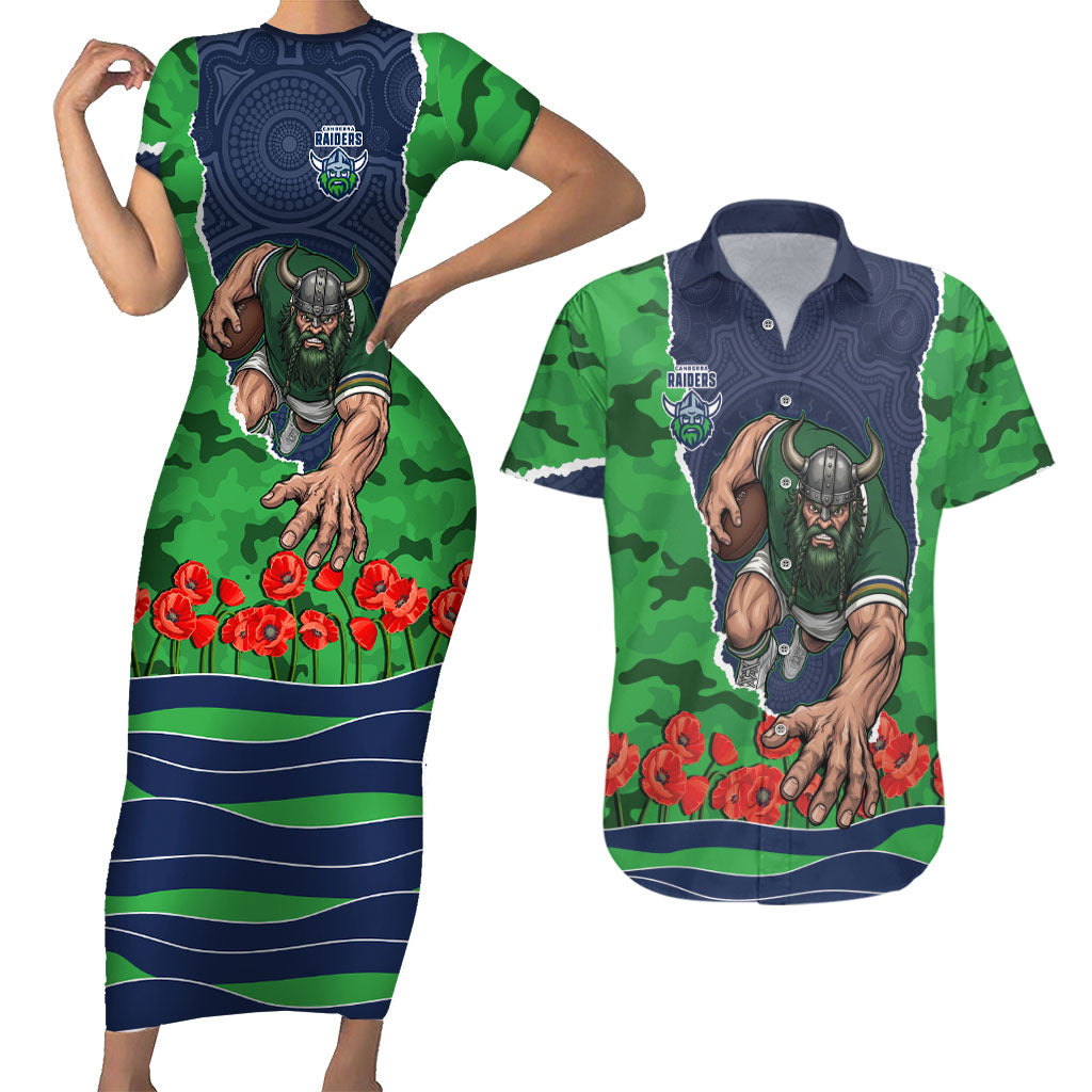 Personalized Canberra Raiders ANZAC Tribute Couples Matching Short Sleeve Bodycon Dress and Hawaiian Shirt Poppy Field Soldier Silhouette Aboriginal Rugby Mascot